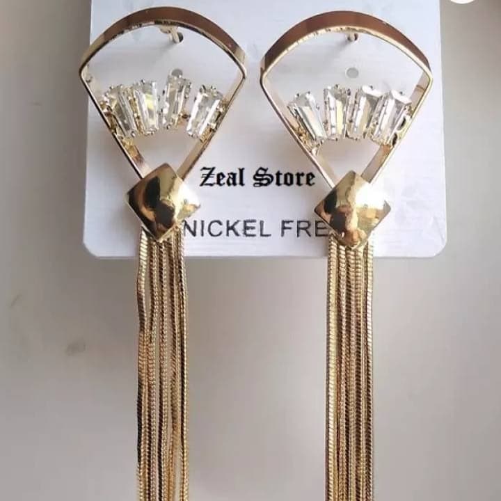 Stylish Golden Drop Long Tassel Earring With Crystal Stones
