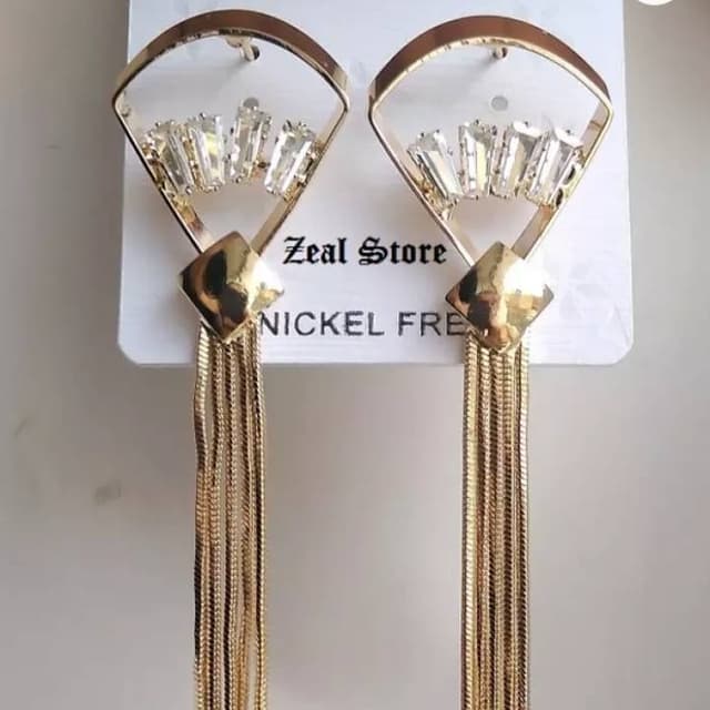Stylish Golden Drop Long Tassel Earring With Crystal Stones