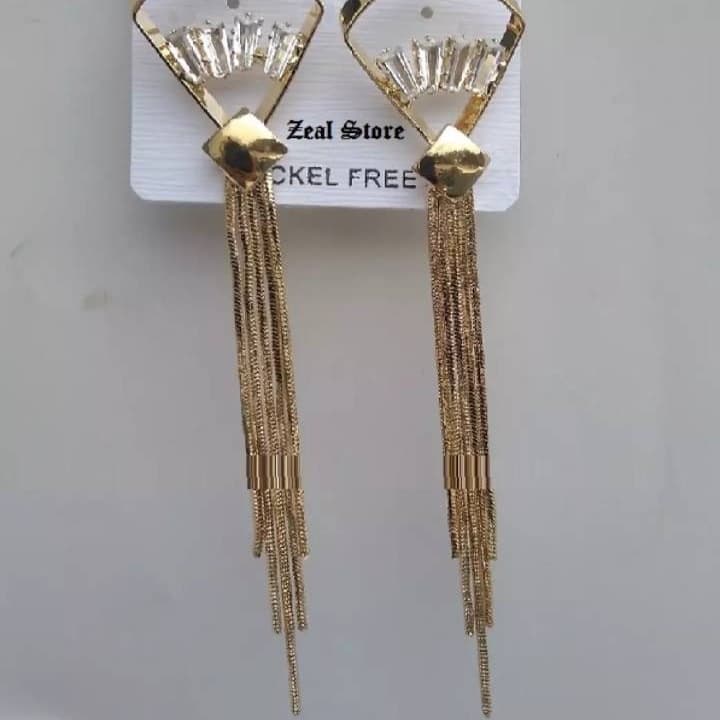 Stylish Golden Drop Long Tassel Earring With Crystal Stones
