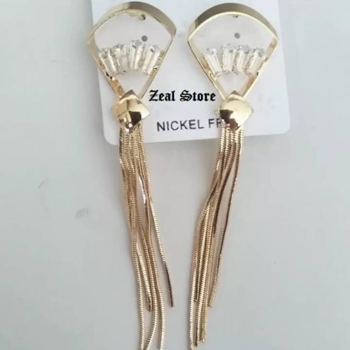 Stylish Golden Drop Long Tassel Earring With Crystal Stones